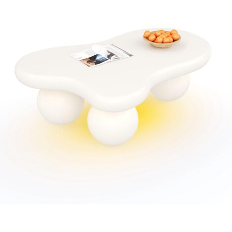 Mesa de centro blanca con forma de nube, mesa de centro redonda con iluminación LED de 16 colores cambiantes, ideal para salón, oficina y dormitorio.