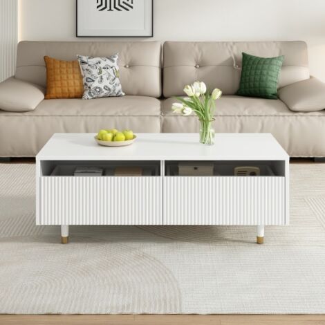 Mesa de centro blanca con patas de madera dorada, 2 cajones y tira de luz LED, 110x50x40 cm