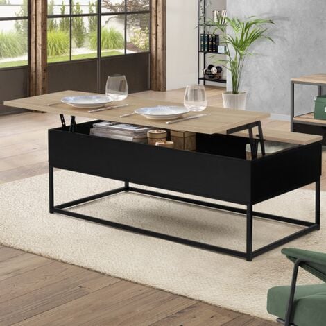 IDMARKET Mesa de centro BOSTON negra con tablero elevable de aspecto haya, diseño industrial