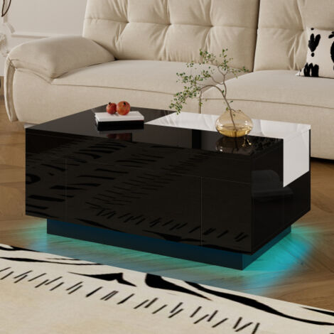 Mesa de centro brillante con iluminación LED, tablero extensible en blanco y negro, 80x50x36 cm