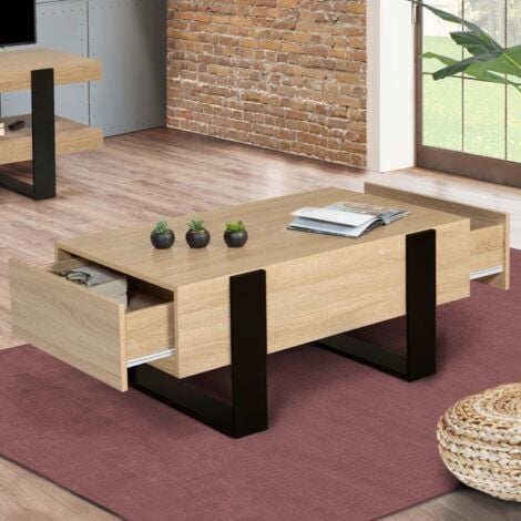 IDMARKET Mesa de centro rectangular PHOENIX con cajones, 100 cm, madera envejecida y negra