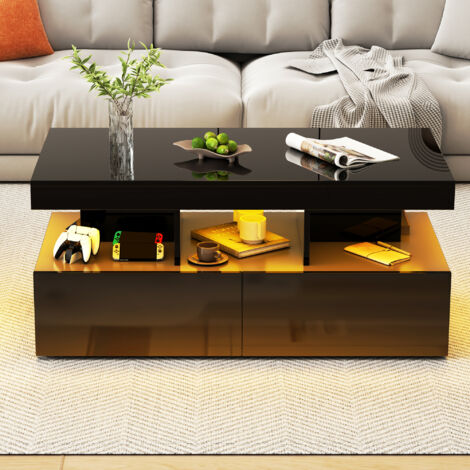 Mesa de centro con iluminación LED, 104 x 53 x 46 cm, moderna mesa de centro de alto brillo, estante abierto y 2 cajones, mesa auxiliar para sala de estar, oficina, color negro.