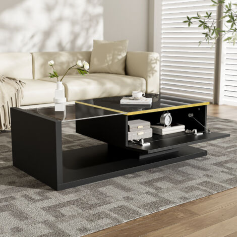 Mesa de centro con LED tablero de cristal templado y estantes abiertos tablero de partículas 100x50x32.5cm color negro