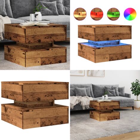 Mesa de centro con luces LED madera envejecida 50x50x40 cm - Mesa de centro con luces RGB - Mesa de centro de madera envejecida