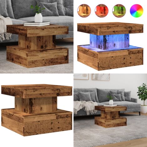 Mesa de centro con luces LED madera envejecida 50x50x40 cm - Mesa de centro con luces RGB - Mesa de centro de madera envejecida