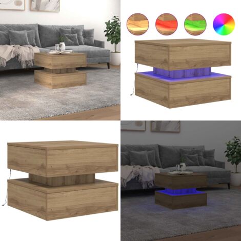 Mesa de centro con luces LED roble artisian 50x50x40 cm - Mesa de centro con luces RGB - Mesa de centro de madera artesanal