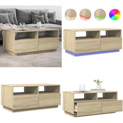 Mesa de centro con luces LED roble Sonoma 90x49x40 cm - Mesa de centro con luces RGB - Mesa de centro moderna