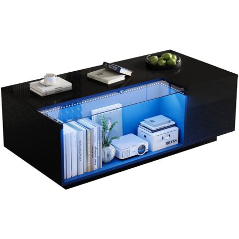 Mesa de centro con luz LED de 100 x 50 x 35 cm, de vidrio templado, con 2 cajones y compartimento semiabierto. Ideal para sala de estar, estudio y dormitorio.