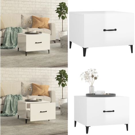 Mesa de centro con patas de metal blanco brillante 50x50x40 cm - Madera contrachapada - Patas de metal