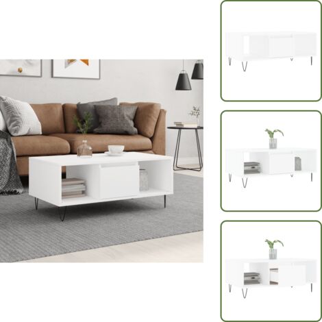Mesa de centro con patas de metal - vidaXL Mesa de centro madera contrachapada blanco 90x50x36,5 cm - Mesa de centro con cajón
