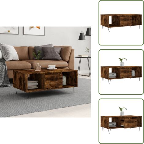 Mesa de centro con patas de metal - vidaXL Mesa de centro madera contrachapada roble ahumado 90x50x36,5 cm - Mesa de centro con cajón