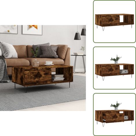Mesa de centro con patas de metal - vidaXL Mesa de centro madera contrachapada roble ahumado 90x50x36,5 cm - Mesa de centro de contrachapado