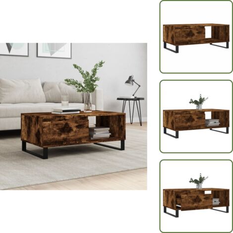 Mesa de centro con patas de metal - vidaXL Mesa de centro madera contrachapada roble ahumado 90x50x36,5 cm - Mesa de centro de contrachapado