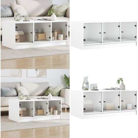 Mesa de centro con puertas de vidrio blanca 102x50x42 cm - Almacenamiento - Mesa de salón