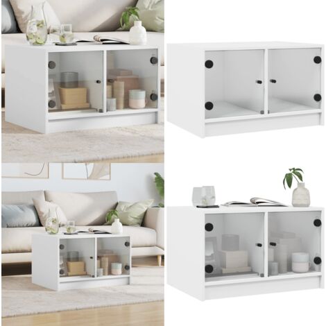 Mesa de centro con puertas de vidrio blanca 68x50x42 cm - Almacenamiento - Mesa de salón
