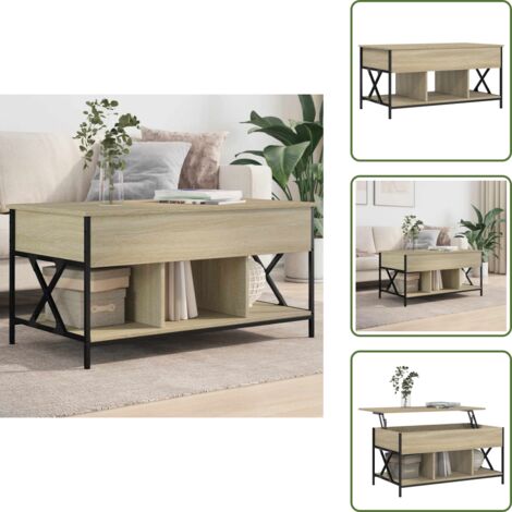 Mesa de centro con superficie elevable - vidaXL Mesa de centro madera ingeniería metal roble Sonoma 100x55x50cm - Almacenamiento oculto