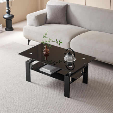 Mesa de centro de 100x60x44 cm con 2 niveles, ahorra espacio, estructura metálica y cristal templado negro para salón.