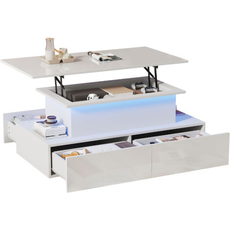 Mesa de centro de 90 x 55 x 41 cm con 4 cajones, LED y tablero elevable, gran espacio de almacenamiento, aglomerado, blanco