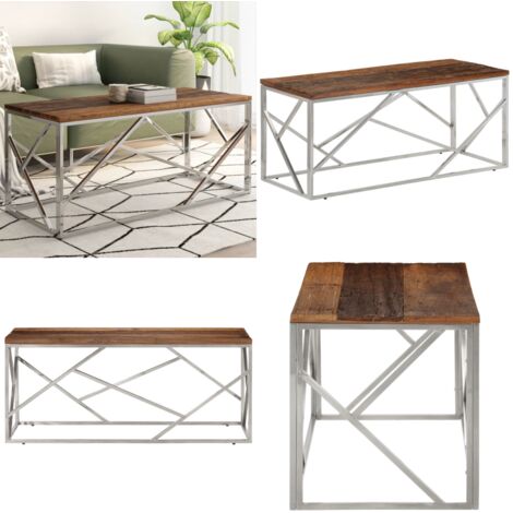 Mesa de centro de acero inoxidable plateado y madera maciza - Mesa de salón - Mesa de acero inoxidable