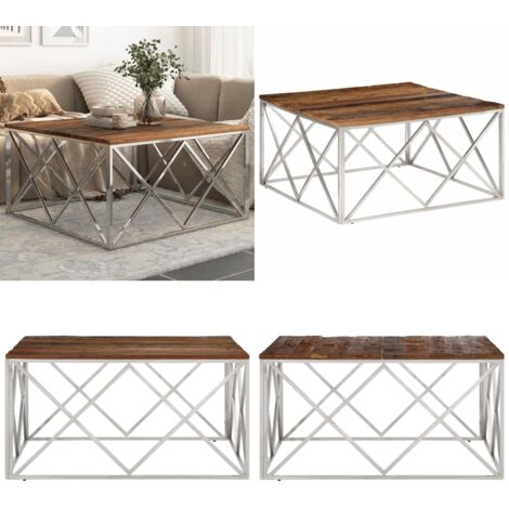 Mesa de centro de acero inoxidable plateado y madera maciza - Mesa de salón - Mesa de centro de acero inoxidable