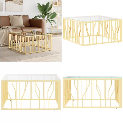 Mesa de centro de acero inoxidable y vidrio dorada 80x80x40 cm - Mesa de salón - Mesa de acero inoxidable