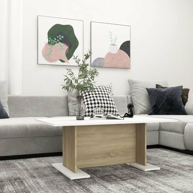 

Mesa de centro de aglomerado blanco roble Sonoma 103,5x60x40 cm