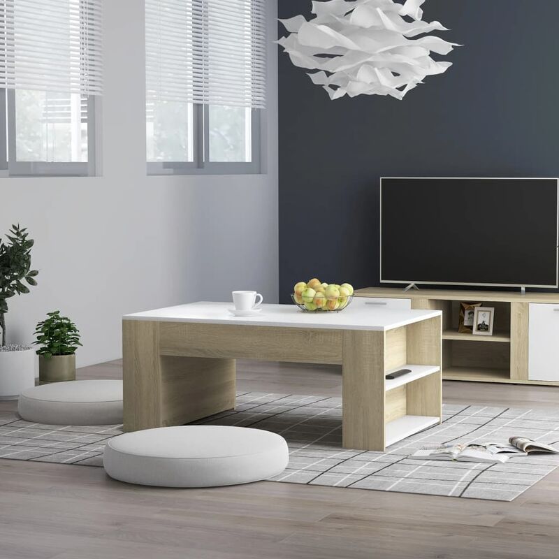 

Mesa de centro de aglomerado blanco y roble Sonoma 100x60x42 cm - Beige
