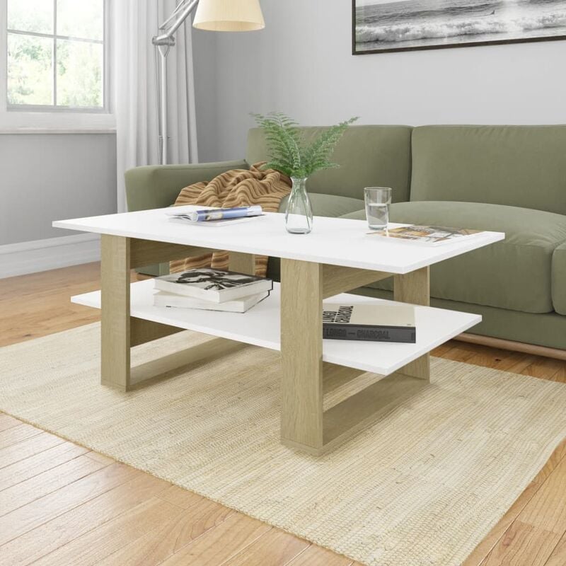 

Mesa de centro de aglomerado blanco y roble Sonoma 110x55x42 cm