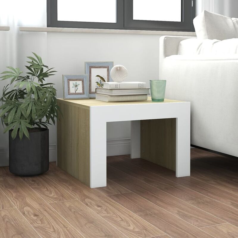 

Mesa de centro de aglomerado blanco y roble Sonoma 50x50x35 cm