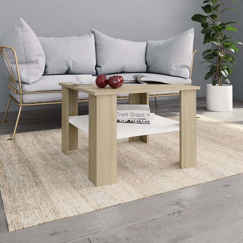 

Mesa de centro de aglomerado blanco y roble Sonoma 60x60x42 cm