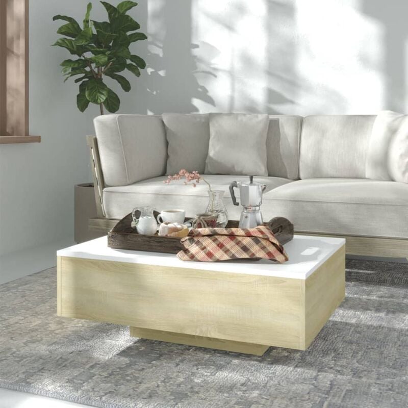 

Mesa de centro de aglomerado blanco y roble Sonoma 85x55x31 cm