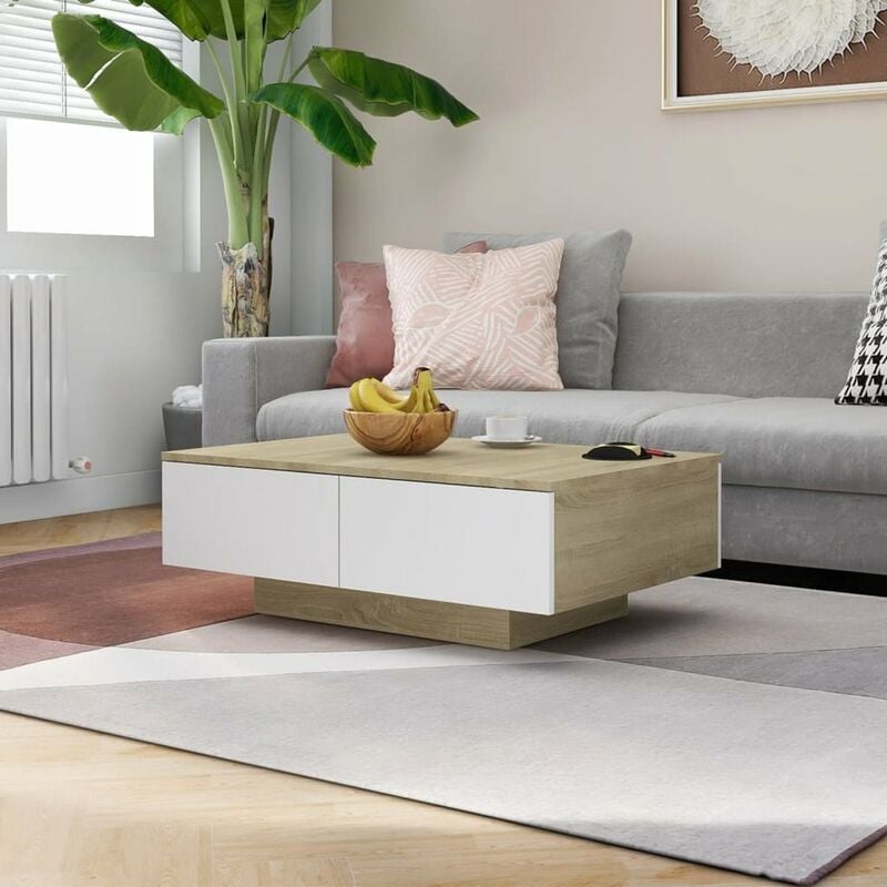 

Mesa de centro de aglomerado blanco y roble Sonoma 90x60x31 cm