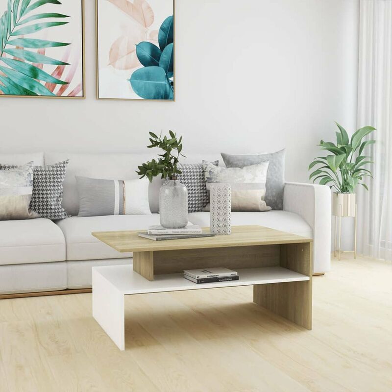 

Mesa de centro de aglomerado blanco y roble Sonoma 90x60x42,5cm