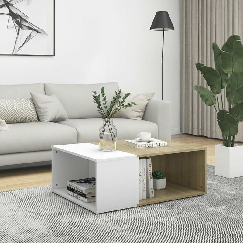 

Mesa de centro de aglomerado blanco y roble Sonoma 90x67x33 cm