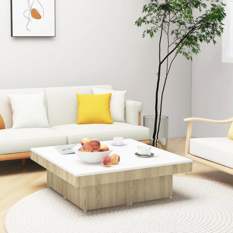 

Mesa de centro de aglomerado blanco y roble Sonoma 90x90x28 cm
