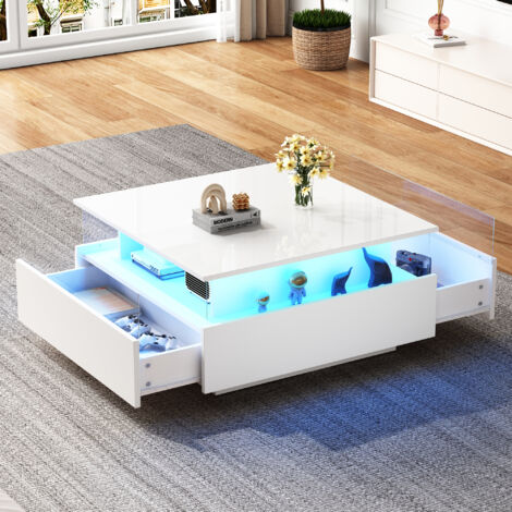 Mesa de centro de alto brillo, LED, 70x70x41 cm, con 2 cajones - capacidad de carga hasta 30 kg, blanco
