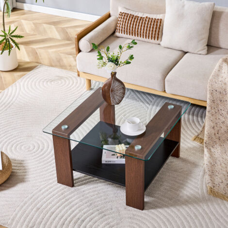 Mesa de centro de cristal templado de 65x41x45,5 cm con espacio de almacenamiento, MDF efecto nogal