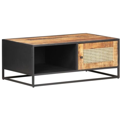 Mesa de centro de diseño industrial rústico 90x50x35cm madera de mango crudo y caña marrón natural DEC037229