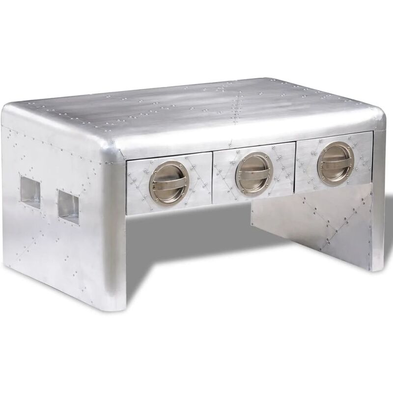 

Mesa de centro de estilo aviador con 3 cajones estilo vintage - Plateado