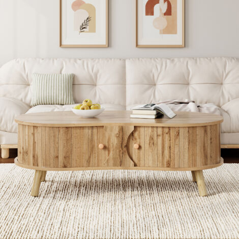 Mesa de centro de forma orgánica, 108x50x37 cm, con 2 puertas correderas y espacio de almacenamiento, MDF con aspecto de madera natural.