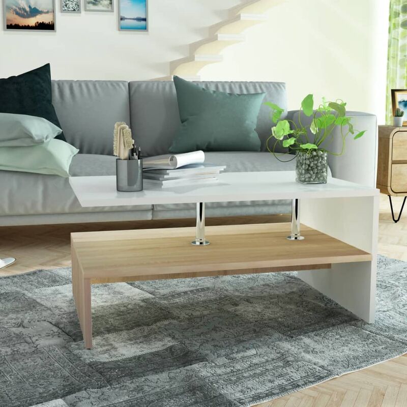 

Mesa de centro de madera aglomerada 90x59x42cm roble y blanco - Blanco