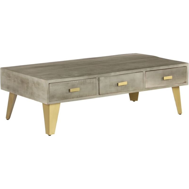 

Mesa de centro de madera mango maciza gris y latón 110x60x35 cm