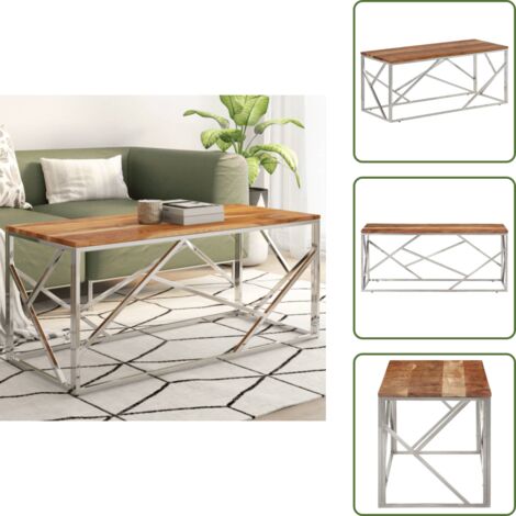 Mesa de centro de madera - vidaXL Mesa de centro acero inoxidable plateado y madera maciza acacia - Mesa de centro plateada
