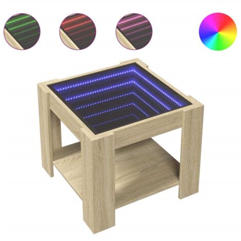 Mesa de centro de salón de diseño moderno con LED 53 x 53 x 45 cm madera de ingeniería color roble y cristal DEC037416