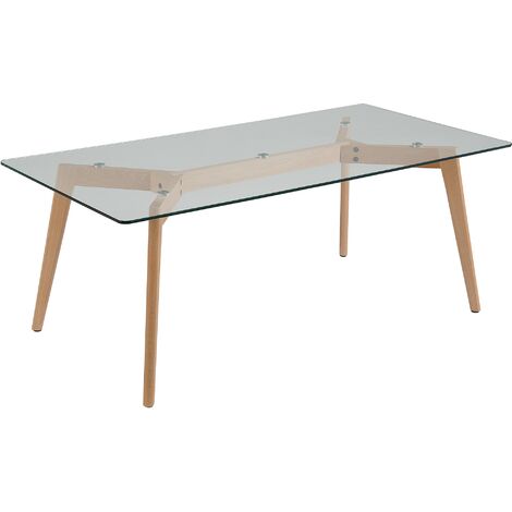 BELIANI Mesa de centro de vidrio transparente madera clara 120 x 60 cm patas madera Hudson