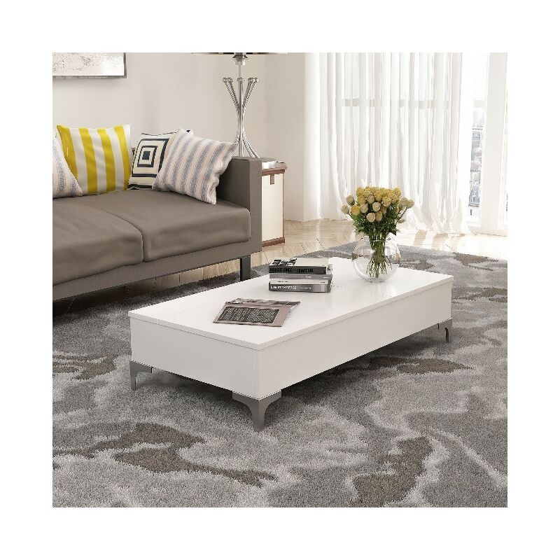 

Mesa de centro Delinda - Revistero elevable para PC - con estantes - Salon - Madera blanca, 121 x 60 x 30 cm