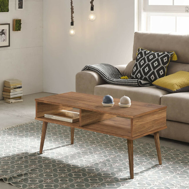 

Mesa de centro diseño vintage, madera maciza natural con dos compartimentos, fabricacion artesanal. 100 cm x 50 cm x 49 cm