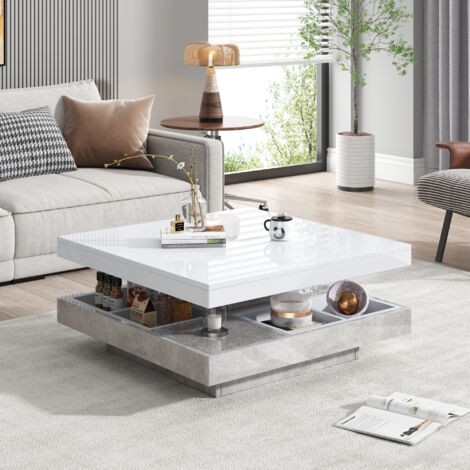 Mesa de centro doble capa giratoria 360 diseño alto brillo tablero de partículas 70x70x36cm color blanco