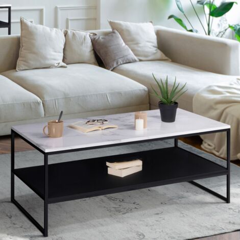 Mesa de centro doble efecto mármol y madera negra con patas de metal ALASKA