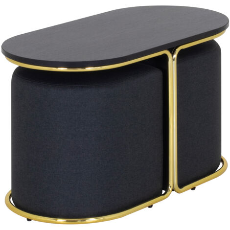 Mesa de centro DUNCAN con 2 asientos negros, tablero de melamina efecto madera negra y estructura metálica dorada (78 x 34 x 46 cm) - MOG CASA